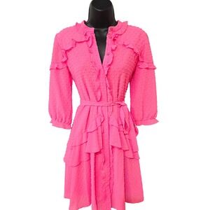 Saloni Pink Swiss Dot Ruffle Mini Dress Neon Fuchsia 3/4 Sleeve Size 2